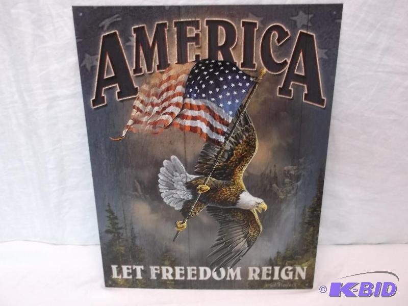 lot 63 image: Collectable metal America sign measuring 12 1...