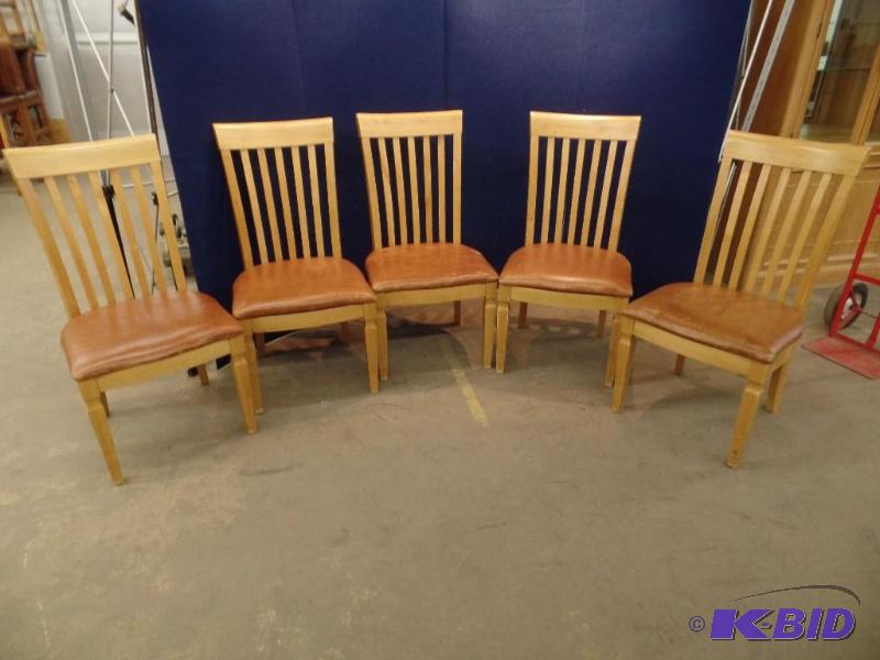 5 Pine and Leather Upholstered Chairs