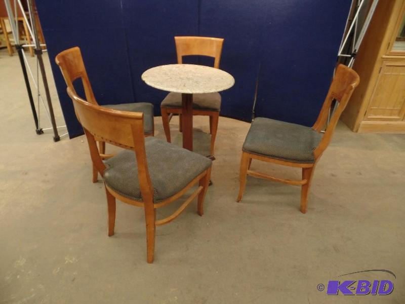 Round Stone Table with 4 Wooden Upholstered Chairs