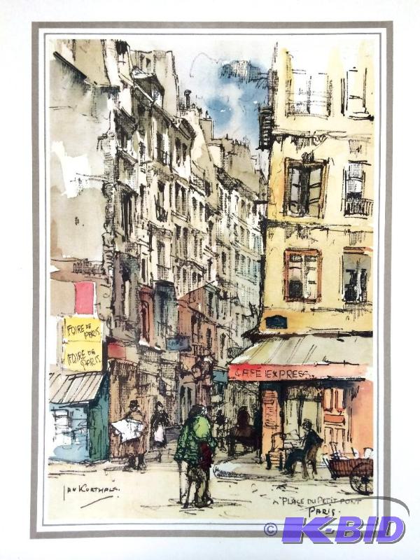 lot 1 image: Jan Korthals ink and watercolor prints of Paris street scenes