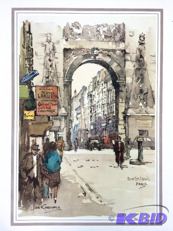 lot 2 image: Jan Korthals ink and watercolor prints of Paris street scenes
