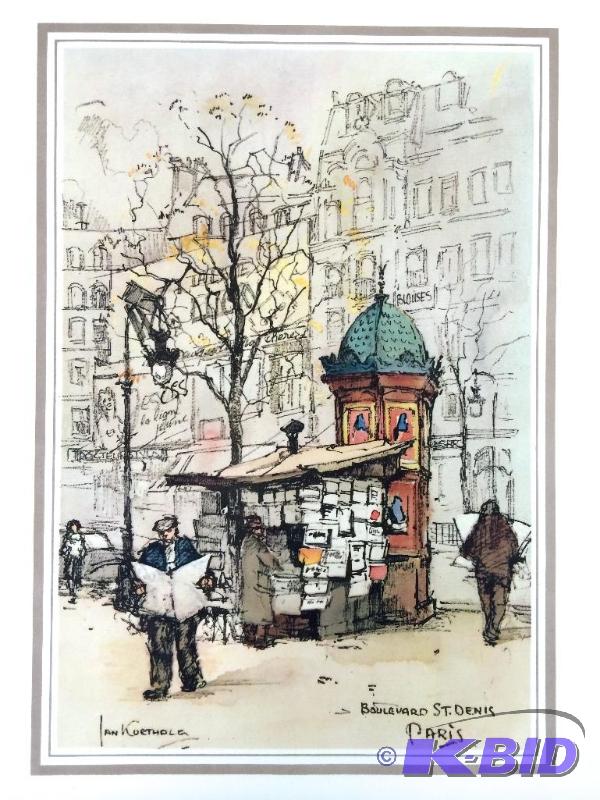 lot 3 image: Jan Korthals ink and watercolor prints of Paris street scenes