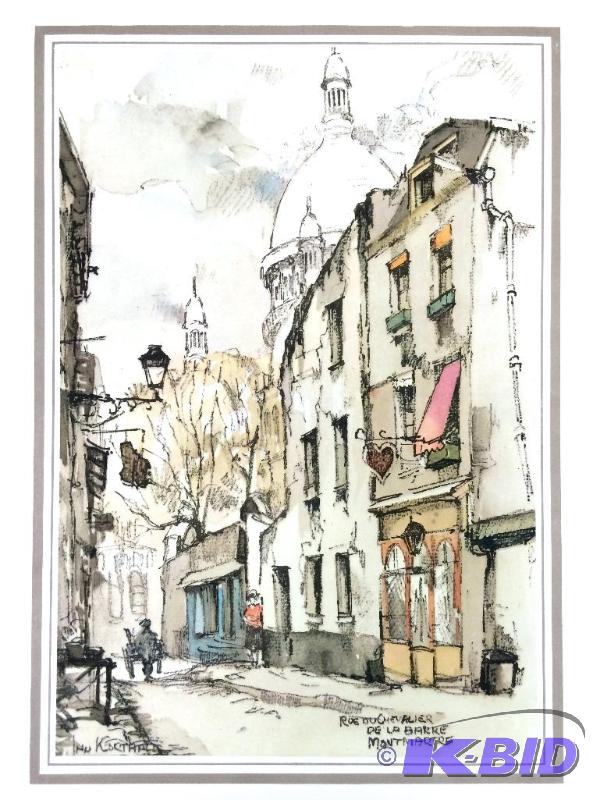 lot 6 image: Jan Korthals ink and watercolor prints of Paris street scenes