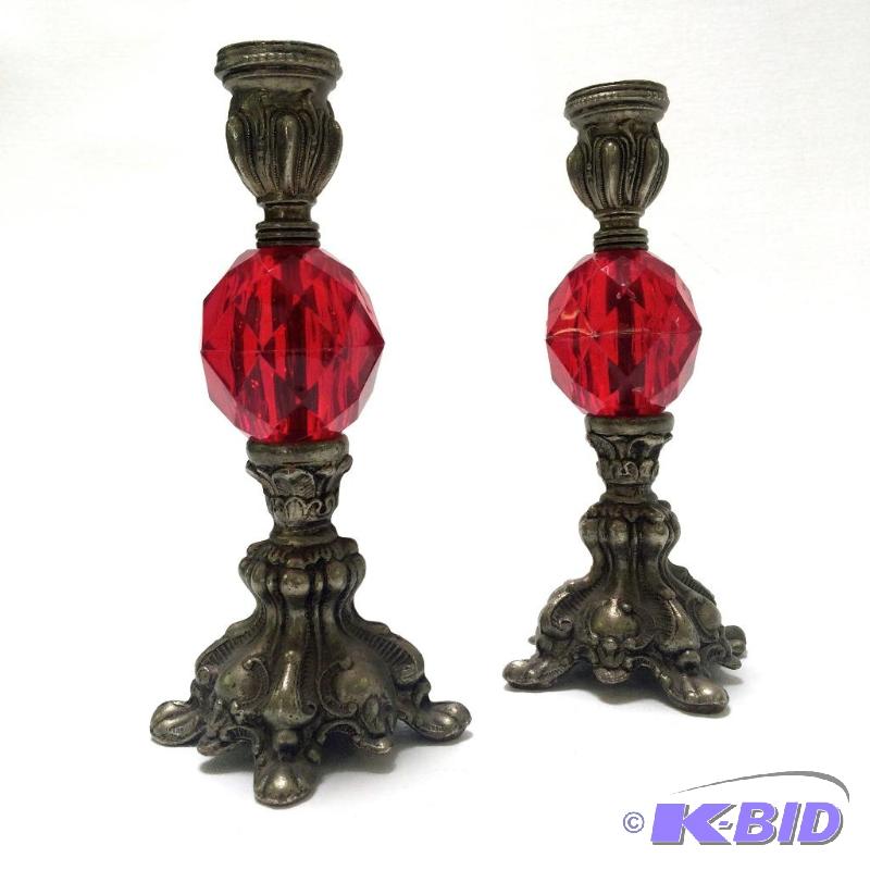 lot 6 image: Pair of Red Faceted Gothic Candle Sticks.