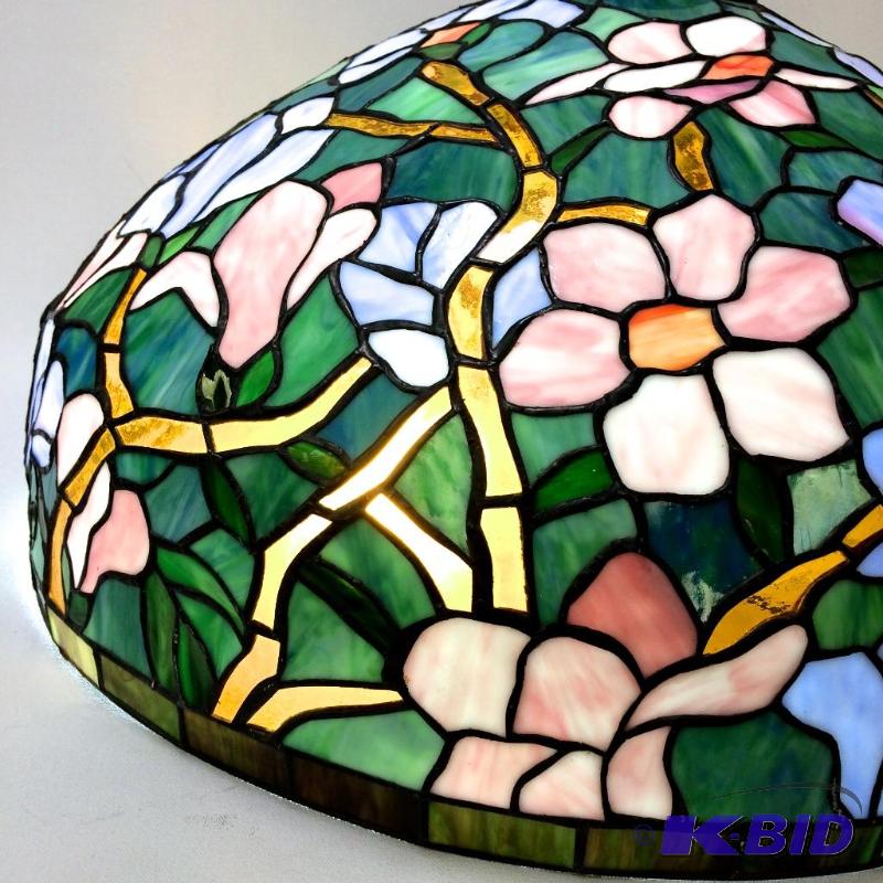 lot 15 image: Humongous Tiffany Style Hanging Light Fixture - Stain Glass Lamp Shade in Forget-Me-Not Pattern