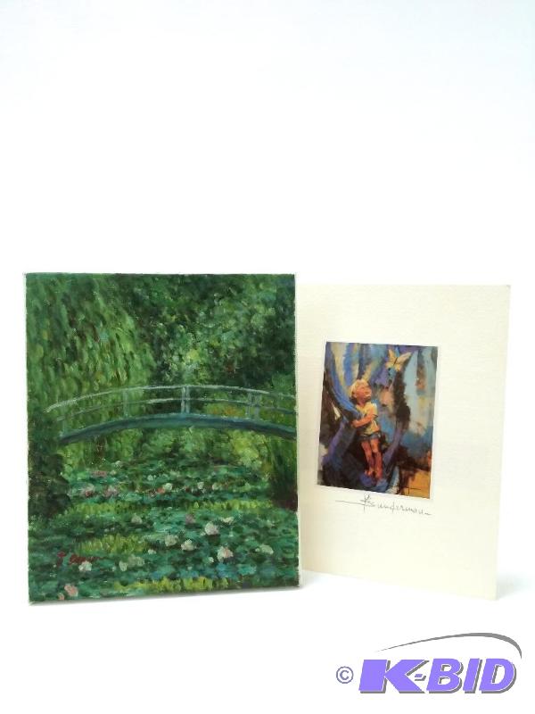 lot 18 image: Vintage Art One Oil of Giverny  Waterlillies & One Print I Butterfly, Signed M. Sunderman