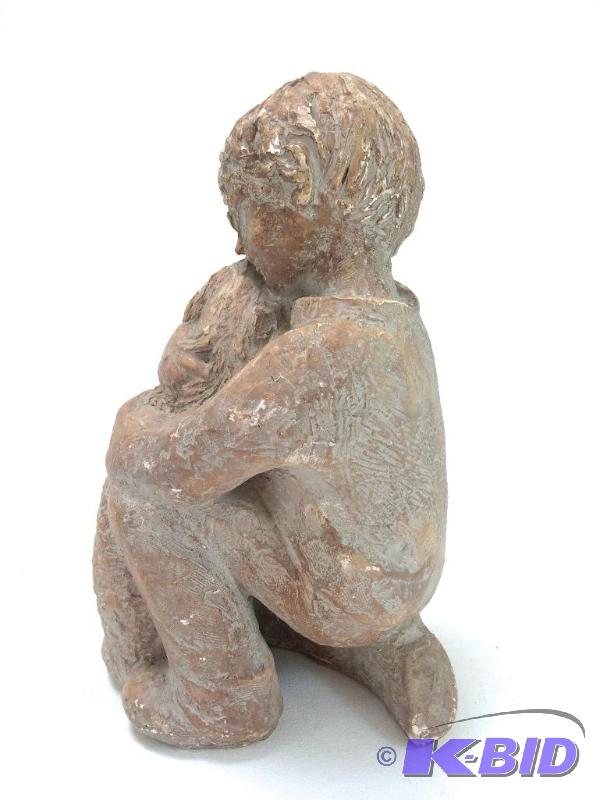 lot 21 image: Charming Vintage Garden Statue of Boy Embracing his Shaggy Dog