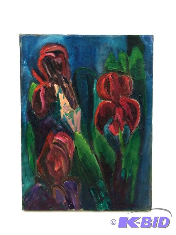 lot 3 image: Original Oil on Canvas of Red Irises - Signed on the wood in back Frank D 