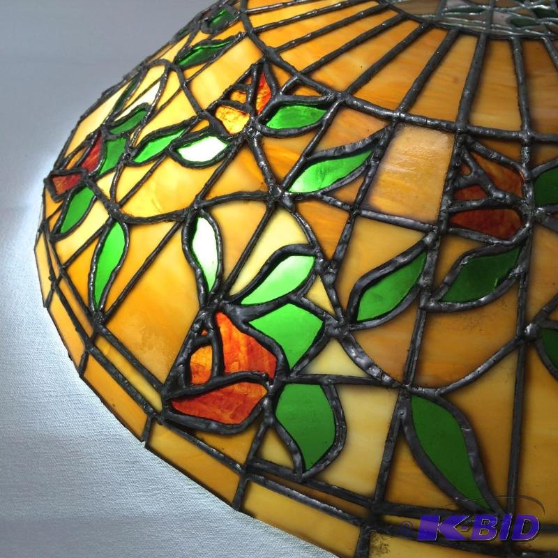 lot 4 image: Really BIG Vintage Stained Glass Lamp Shade - Rose Pattern - 23 14 DIA & 6 Deep