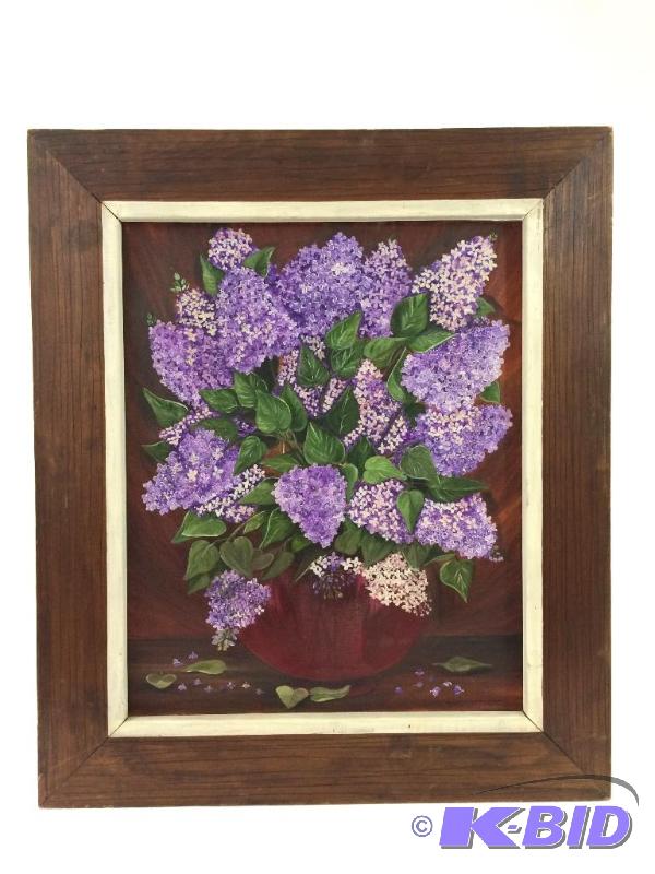lot 6 image: Antique Oil Painting Of Lilacs - Original Listed Artist Mildred S. Burgess