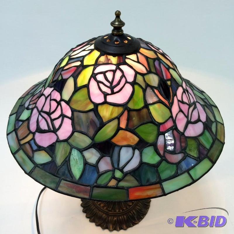 lot 7 image: Stained Glass Table Lamp with Tiffany style Shade - Rose Pattern - Stands 16 T