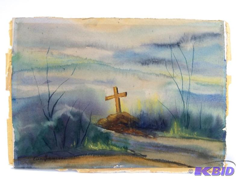 lot 4 image: Original Watercolor - 2 sided - Color Cross Scene & Black & White Barn & Silo - Signed Elsa Jameson