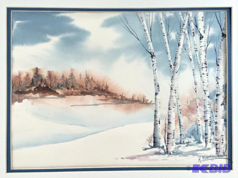 lot 5 image: Original Watercolor Signed M. Navratil. Winter Scene of Birches in Blues. Arches Paper