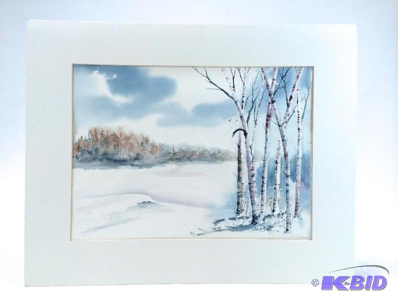 lot 6 image: Original Watercolor Signed M. Navratil. Winter Scene of Birches with warm browns