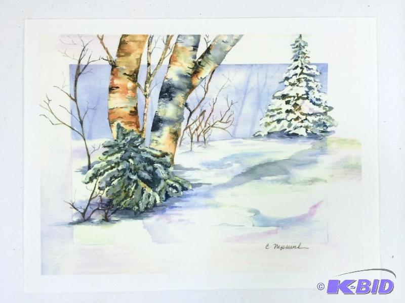 lot 8 image: Well Executed  Original Watercolor of a Winter Scene, signed C. Nepsund