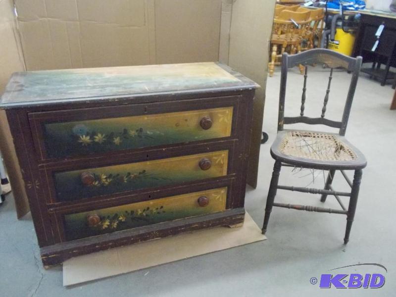 lot 24 image: Antique Dresser with Wicker Chair