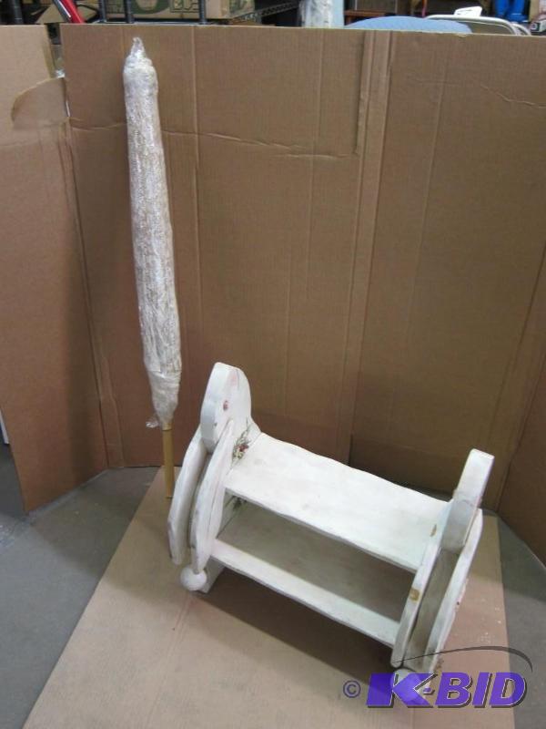 lot 35 image: Solid Wood Rabbit Bench and Bamboo Parasol