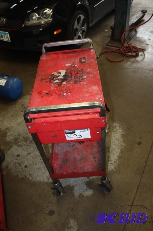 lot 25 image: Metal Rolling Cart wHinged Lid & Handles Red 20 x 16 x 35 Contents Not Included.