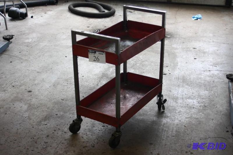 lot 26 image: Metal Rolling Cart w2 Shelves & Handles Red 20 x 16 x 35 Contents Not Included.