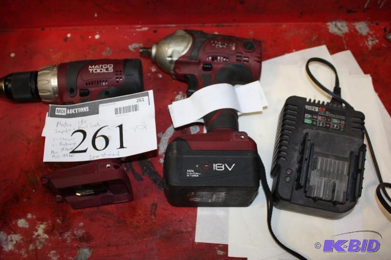 lot 261 image: (2) Matco Impact Driver & Drill Combo 18V 1 Charer 1 Battery MCL18381W1812DD Operational.