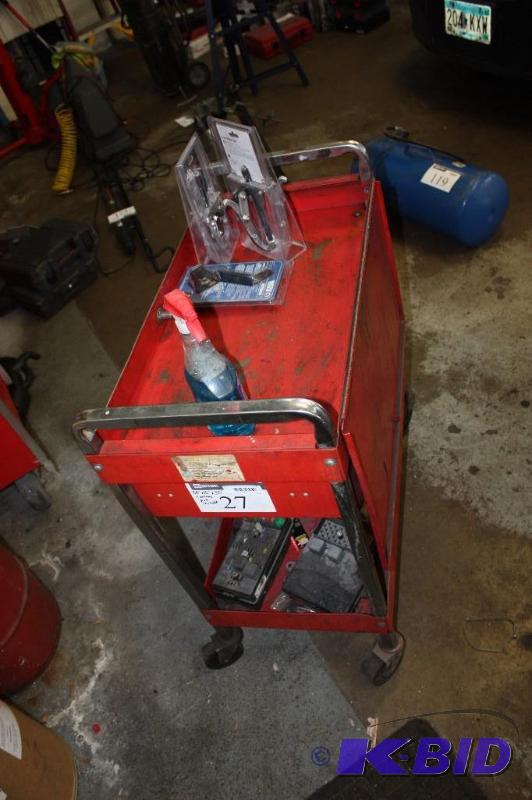lot 27 image: Metal Rolling Cart w2 Shelves & Handles Red 30 x 16 x 35 Contents Not Included.
