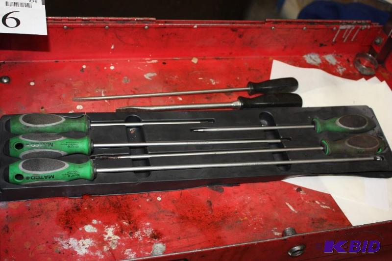 lot 276 image: Matco Long Screw Driver Set, app. 5 ct Includes Miscellaneous Snap-On Screw Drivers.