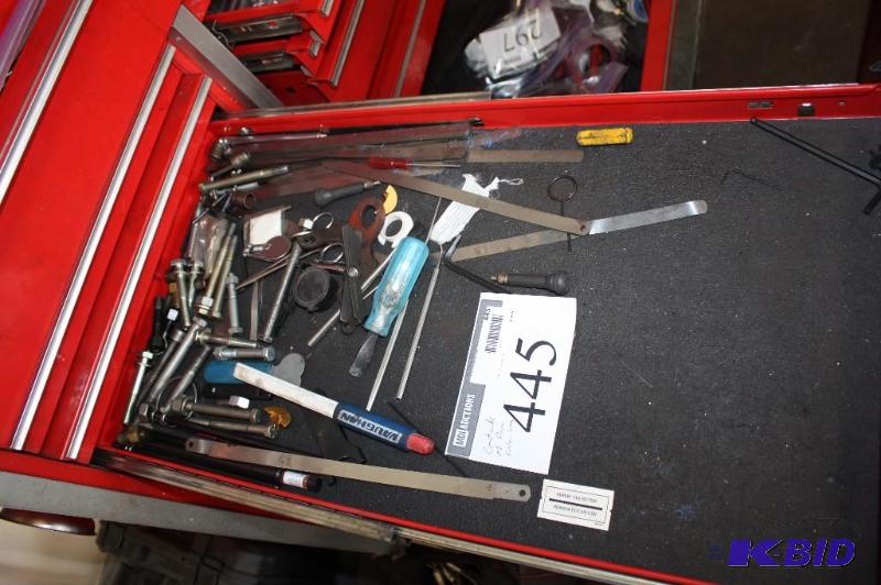 lot 445 image: Contents of Drawer Including Bolts Tweezer Metal Bar And More.