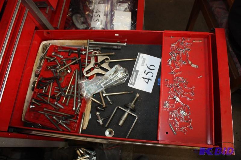 lot 456 image: Drawer Lot Includes Contents Bolts Vise Pix-Puller Set Clamps And More.