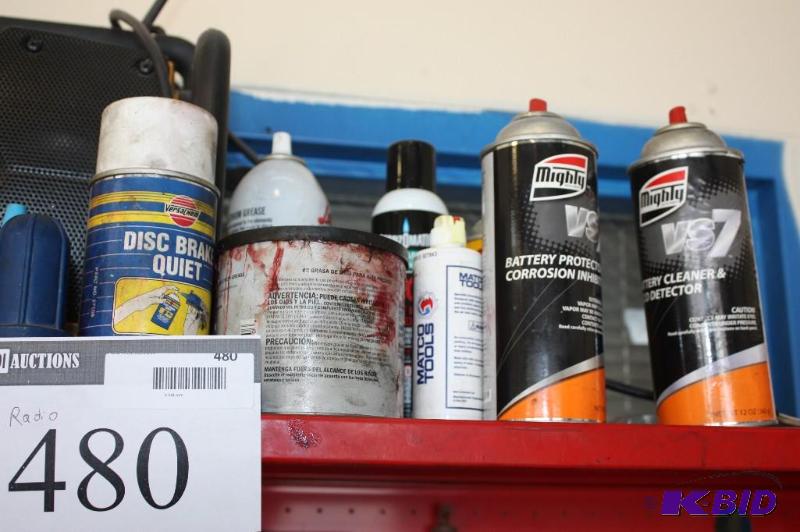lot 480 image: Shelf Lot Including Miscellaneous Sprays, Flashlight, Grinding Pad, Does Not Include Radio.