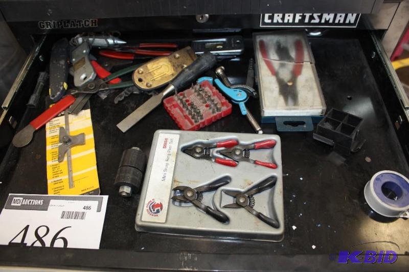 lot 486 image: Drawer Lot Including Matco Tools Wire Cutter Set Metal Files Razor Blade Scrapers And More.