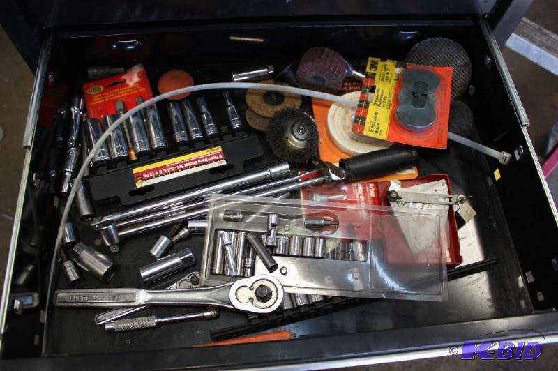 lot 488 image: Drawer Lot Including Socket Set Socket Wrench Buffing Pads And More.