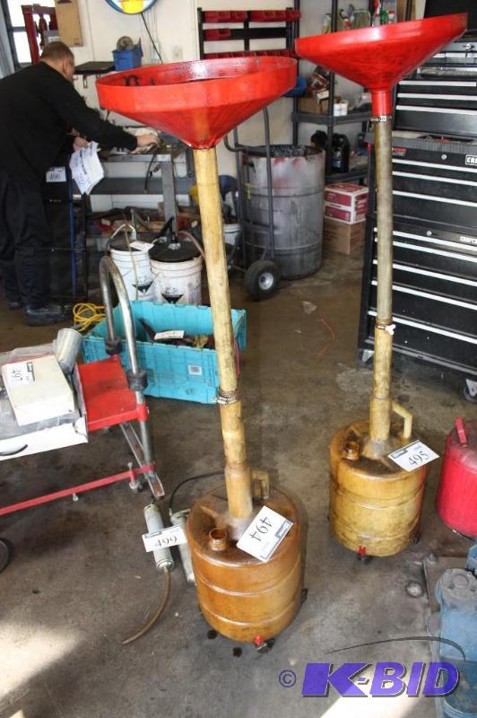 lot 494 image: Lot of (2) Oil Buckets wFunnel Attachments & Wheels Drain Spout Top-Fill.