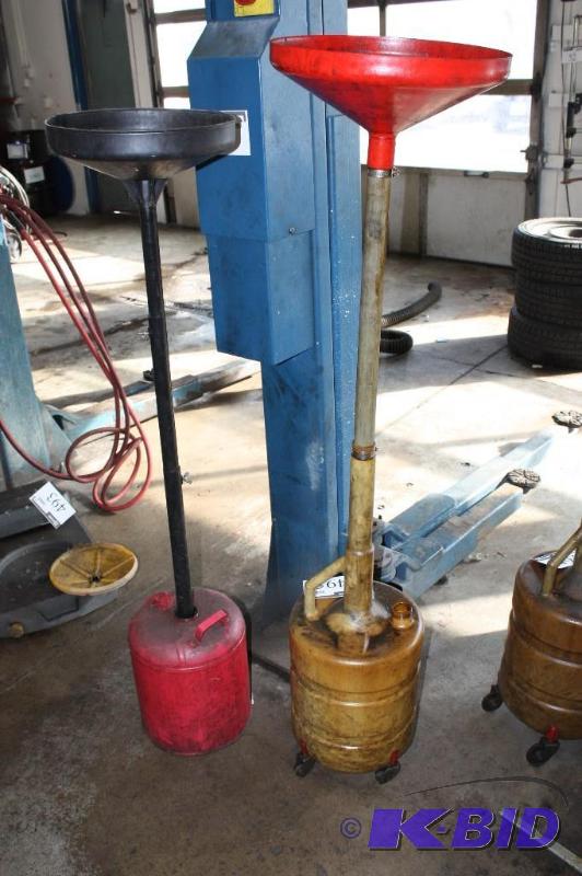 lot 495 image: Lot of (2) Oil Buckets wFunnel Attachments & Wheels Drain Spout Top-Fill.