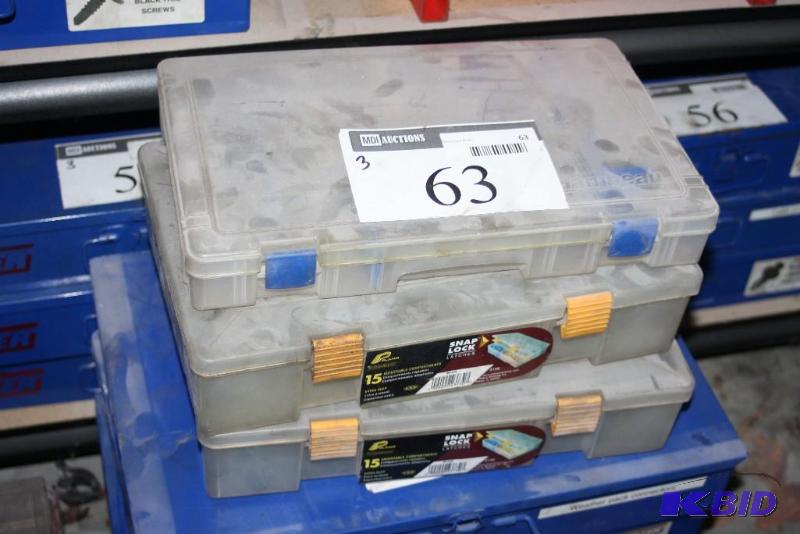 lot 63 image: (3) Miscellaneous Storage Containers Plastic wLatches Includes Contents.