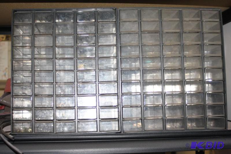 lot 64 image: (2) Miscellaneous Plastic Storage Containers Multiple CompartmentsSlide Out Drawers.