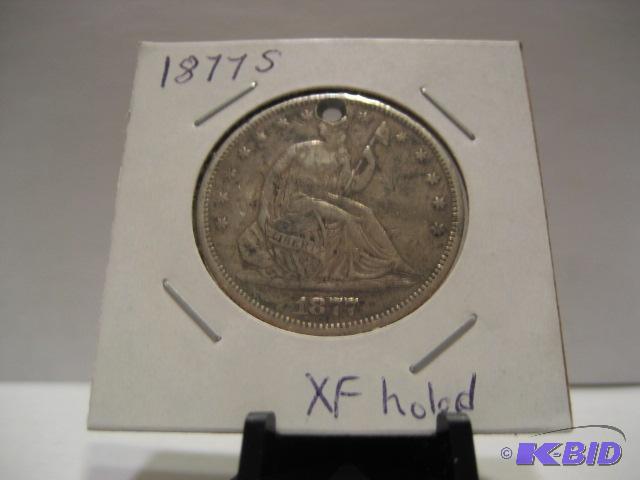 1877 S SILVER HALF DOLLAR, XF DETAILS HOLED 90% SILVER
