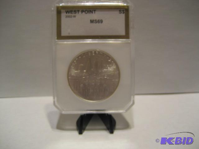 2002 W WEST POINT COMERATIVE SILVER DOLLAR, 90% SILVER GRADED MS69 BY PCI