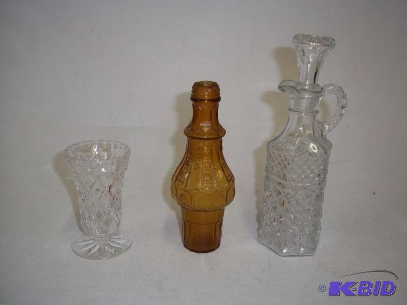 lot 188 image: Glass Vase, Glass pitcher, and brown glass bo...