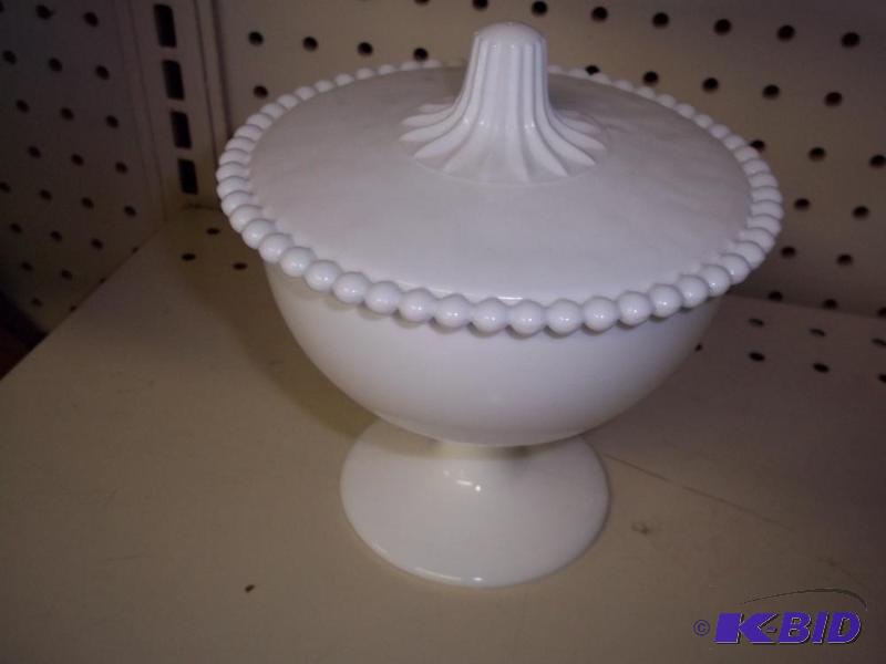 lot 240 image: Milk glass candy dish with cover...