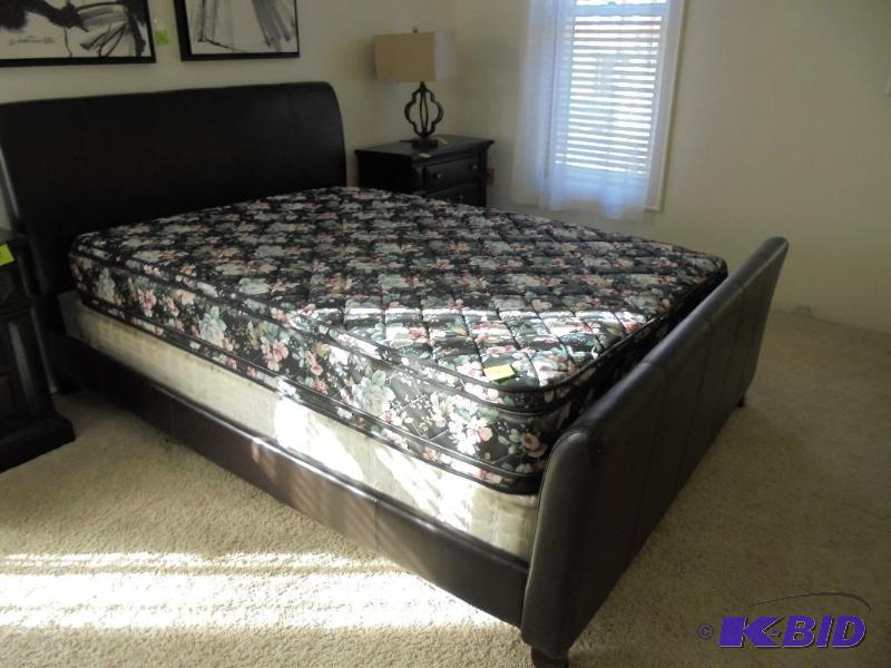 Queen size brown leather head board, foot boa...