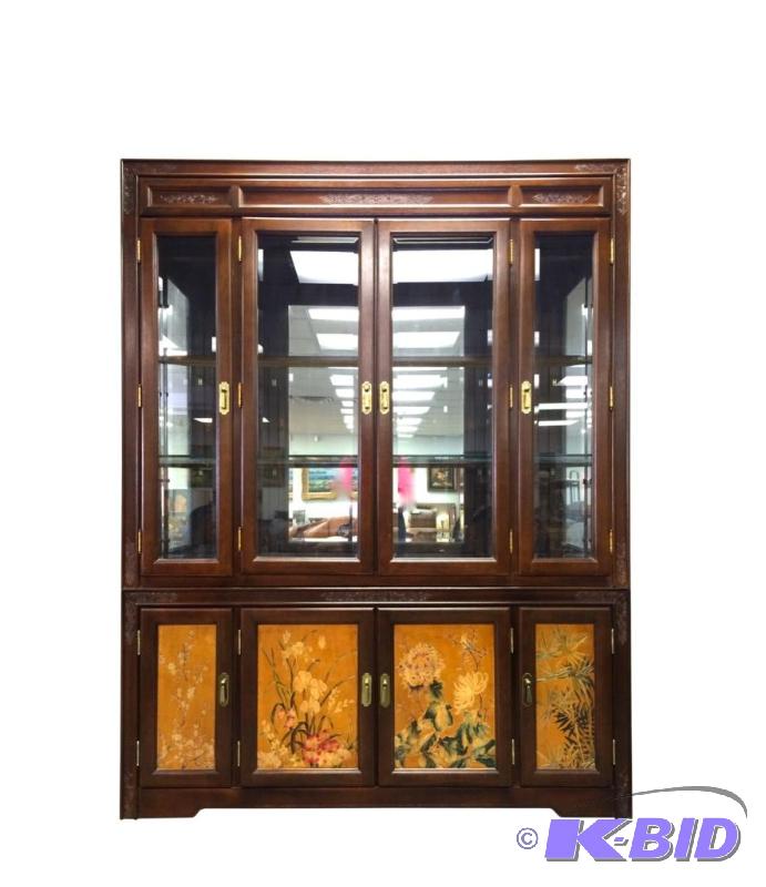 Large Vintage Lighted Display Cabinet w Chrysanthemum Design