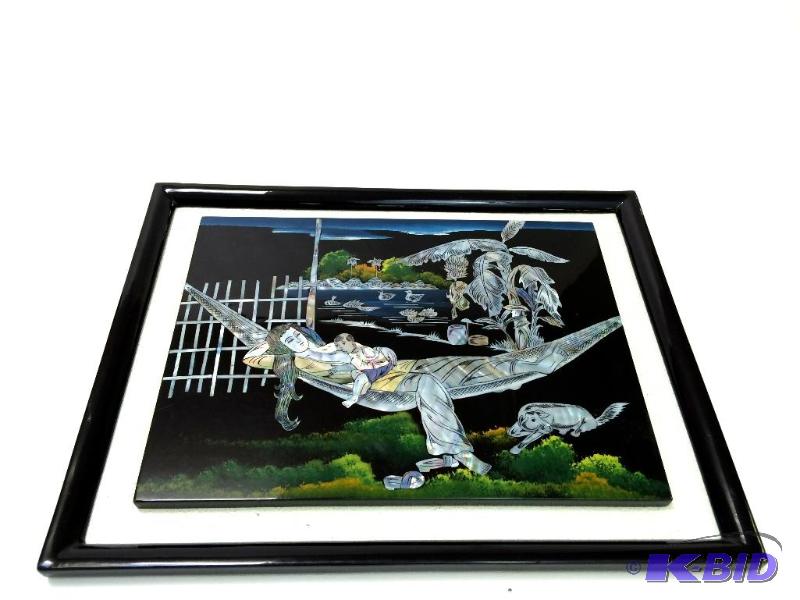 Large Framed Mother of Pearl inlayed Artist  Tile - Woman in Hammock