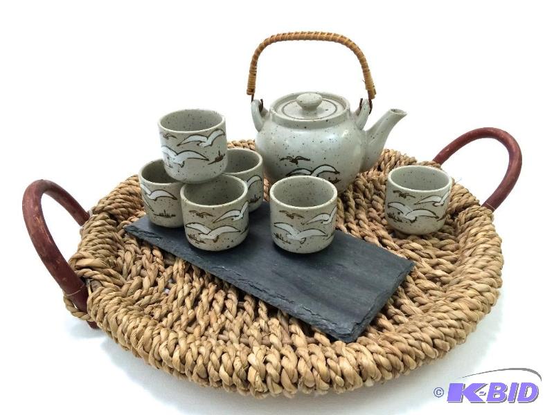 Vintage Collectable Otagiri Stoneware Japanese Tea Set & Woven Grass Serving Tray.