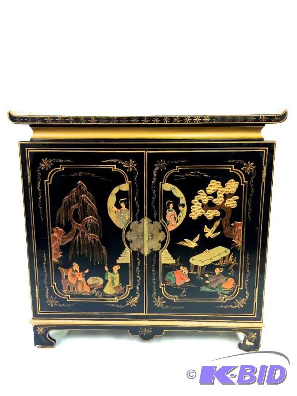 Black Lacquer Cabinet with Red Flower Design on top & Figural Designs on the Door Fronts