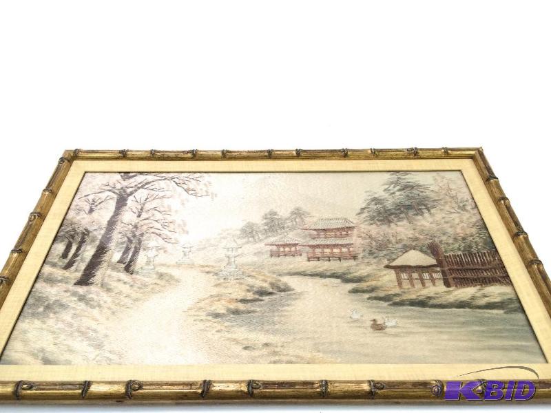lot 16 image: Original Vintage Silk Embroidery  showing Mount Fuji and Pagodas in the time of Cherry Blossoms