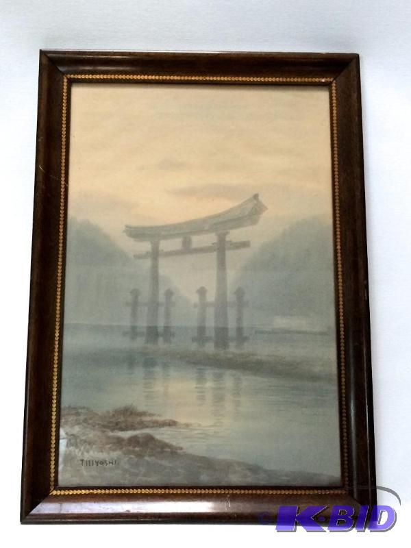 lot 8 image: Antique Original T. Kiyoshi Watercolor in a wooden frame
