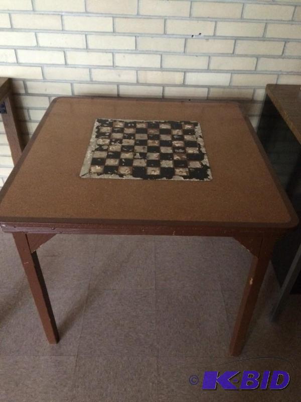 Antique, hardwood table with checkerboard design  31 34 X 28 18 # 3
