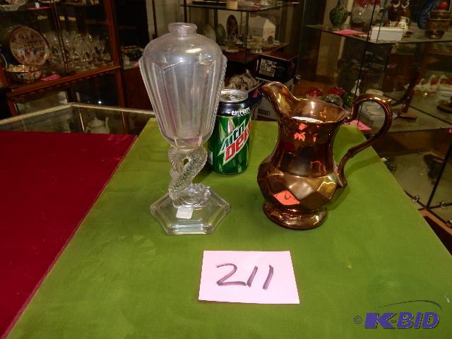 lot 211 image: Quail Oil lamp, small copper luster  pitcher (real copper).