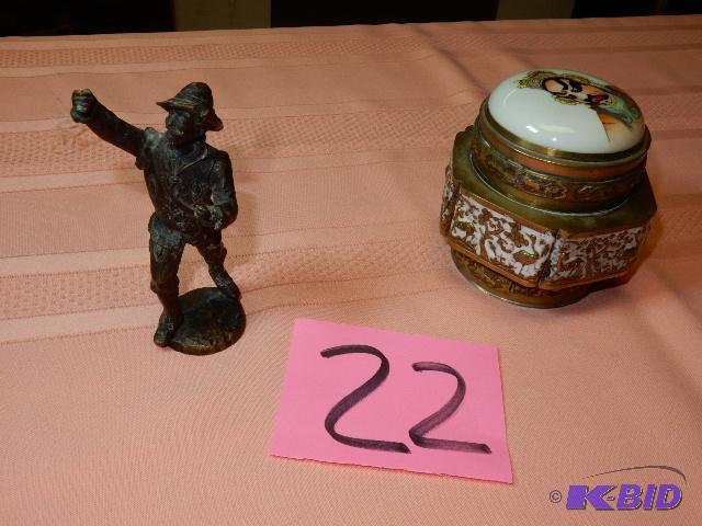 lot 22 image: Bronze Hunter Statue, Brass TEA Box with enamel inlay.