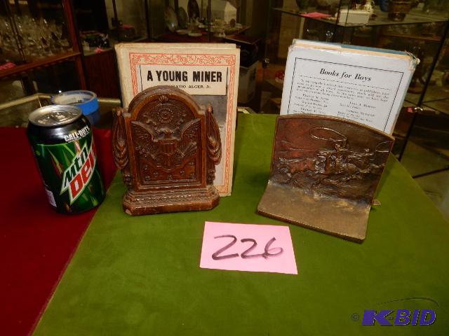 lot 226 image: 2, solid BRASS Bookends, 2 Clay bookends